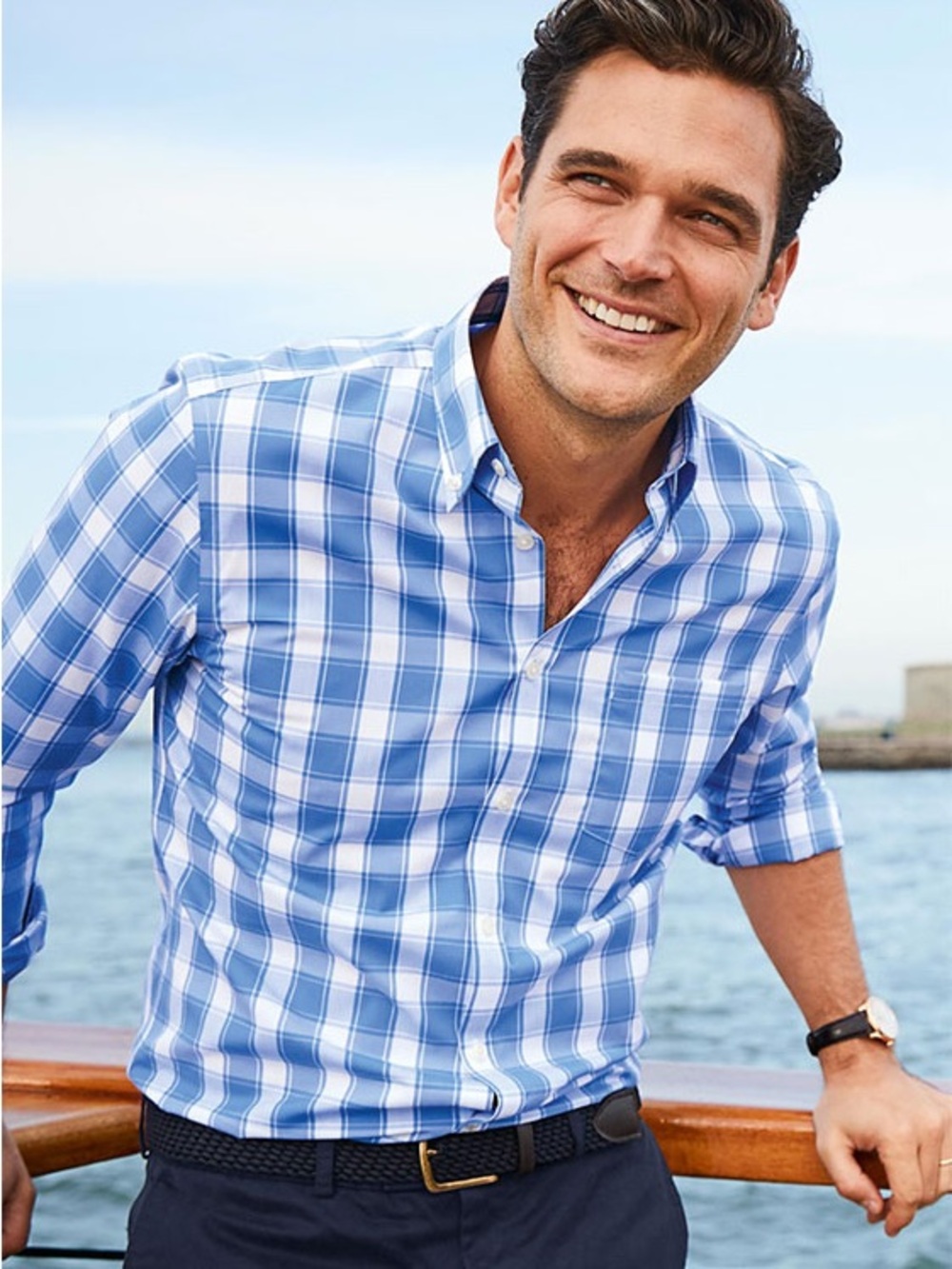 Charles Tyrwhitt Blue and White Plaid Slim Fit Non Iron Dress Shirt